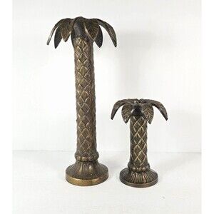 Brass Palm Tree Candlesticks 11" and 5.5" Beach Hawaiian Tropical